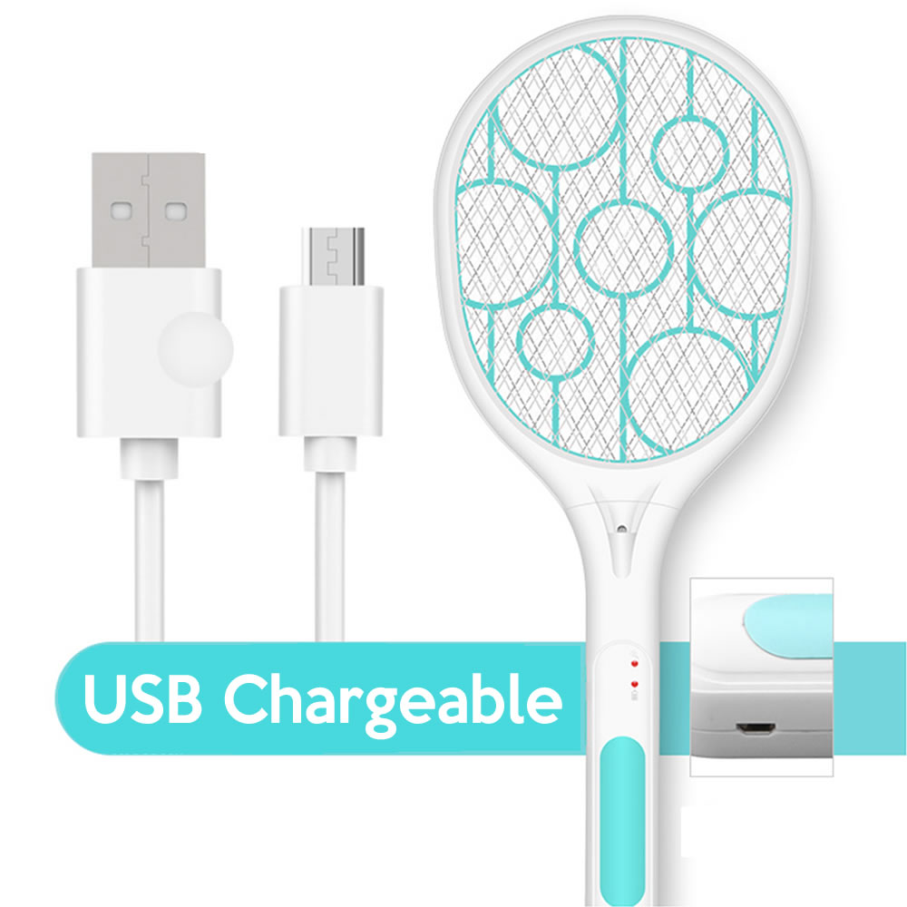 A white rechargeable electric mosquito swatter beside its USB charging cable